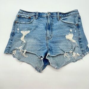 Abercrombie & Fitch High Rise Mom Lt Blue Factory Distressed Cutoff Jean Short